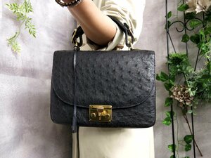 ●超美品●LORENZI ロレンツィ●オーストリッチ 本 ダチョウ 革●ハンド バッグ●ダークネイビー●ゴールド金具●腕掛け●かばん●Js41959