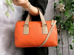 ●超美品●FURLA フルラ●G金具ロゴ●レザー 本革●2way ハンド バッグ●オレンジ ベージュ●斜め掛け●B5 収納 書類 かばん●Js41931