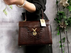 ●超美品●NICO MARTELLI●シャイニング クロコダイル 本 ワニ 革●ハンド バッグ●コーヒーモカブラウン●G金具●ヴィンテージ●Js41933