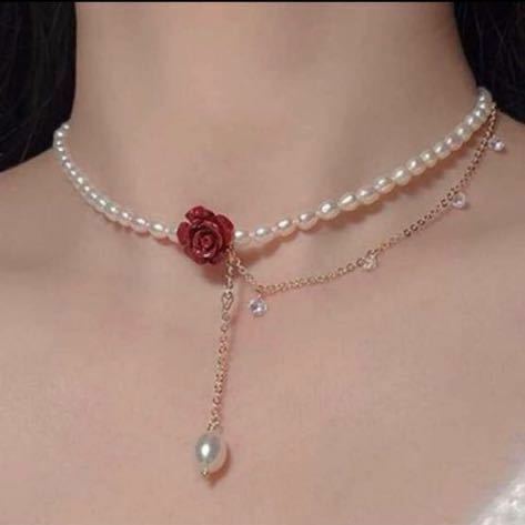 病み　赤　薔薇　フェイクパール　ダイヤモンドストーン　チョーカー　ネックレス