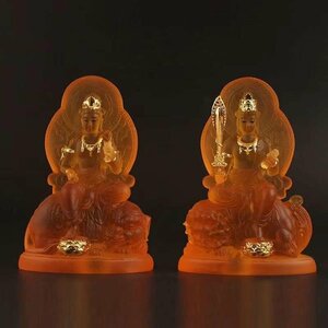 仏像 文殊菩薩（獅子座） 普賢菩薩（象座）2点セット 琉璃仏像縁起仏像高さ約12cm