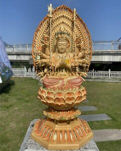 仏像 千手観音菩薩 座像 観音菩薩 座千手 桧木彩色 木彫り仏像総高約28cm