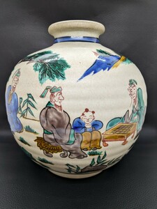 美品 保管品【九谷焼 角福 壺】花瓶 花器 飾り壺 作家 銘 在銘 陶印 裏印 骨董 陶芸 陶磁 伝統 工芸 インテリア 置物 飾り物 コレクション