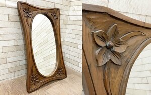木彫り 木製フレームミラー 壁掛けミラー ウォールミラー 鏡 花 彫刻 インテリア 壁飾り ビンテージ アンティーク