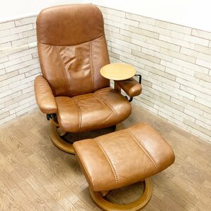 エコーネス EKORNES コンサルM/ストレスレスチェア オットマン スイングサイドテーブル付 リクライニング 本革 1P ソファ/定価29.5万 貝158の画像2