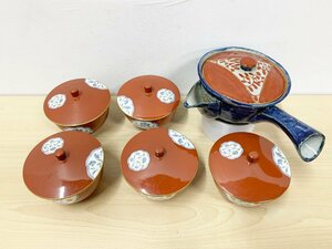 乃りたけ ノリタケ 赤絵 湯呑揃 5客 蓋付 急須 花柄 和食器 箱なし 茶器 まとめセット