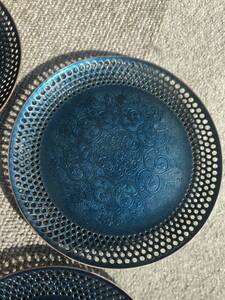七宝焼 ブルー 5枚セット グリーン七宝 丸型透かし 金属工芸品 食器 茶器　小皿