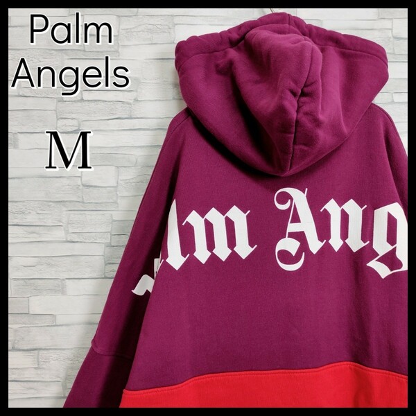 【希少】Palm Angels パームエンジェルス☆ビッグロゴ付マルチカラーパーカー　M（XL相当）バックプリント ハーフジップ フーディ 紫 赤 黒