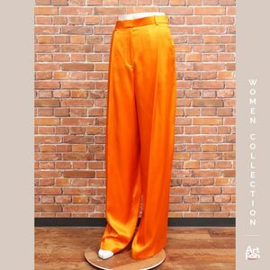 1円/秋冬/NINA RICCI/FR34サイズ/シルク サテン タック ワイド パンツ インポート ニナリッチ 新品/オレンジ/hz604/