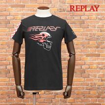 1円/REPLAY/Sサイズ/Tシャツ M3876 バイカー スカル プリント クルーネック ジャージー伸縮 半袖 新品/黒/ブラック/he243/_画像1