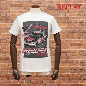 1円/REPLAY/Sサイズ/丸首Tシャツ M3877 ジャージー伸縮 スポーツカー プリント 半袖 リプレイ 新品/白/ホワイト/he251/