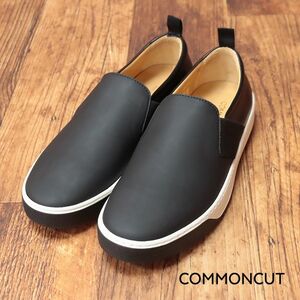 1円/COMMONCUT/43(28-28.5cm)/スリッポン 撥水ナイロン＆レザー コンビ 履き口ゴム Vibramソール スニーカー 新品/黒/ブラック/he575/