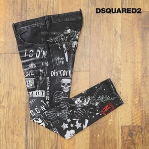 1円/DSQUARED2/42サイズ/総柄デニム パンツ S79LA0014 SKATER JEAN ストレッチ ダメージ パッチワーク イタリア製 新品/黒/ブラック/gc145/