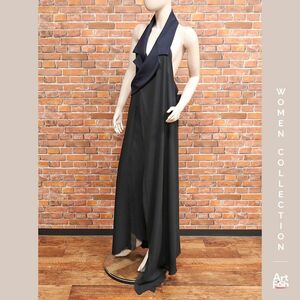 1円/NINA RICCI/FR34サイズ/シルク シフォン パレオ ワンピース フランス製 インポート ニナリッチ 新品/ブラック×ネイビー/hz405/