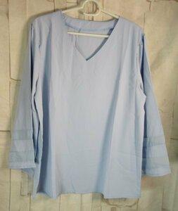 16 00989 * blouse lady's 7 minute sleeve V neck tops (XL, blue )[USED goods ]