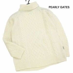 PEARLY GATES パーリーゲイツ 秋冬 タートルネック♪ ウール ケーブル ニット セーター Sz.1　レディース 白 ゴルフ　K3T00895_A#K