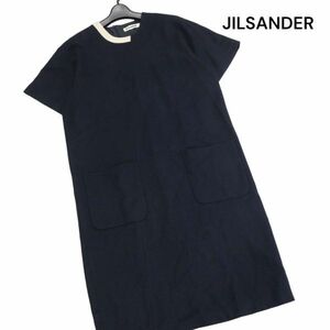 イタリア製★ JIL SANDER ジルサンダー 秋冬 圧縮ウール♪ 半袖 アシンメトリー ワンピース Sz.36　レディース ネイビー　K3T00875_A#E