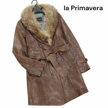 la Primavera ラ プリマヴェーラ 秋冬 ラクーン ファー♪ ベルト付き 羊革 ラム レザー コート Sz.38　レディース　K3T00955_B#N_画像1