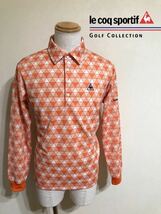 【美品】 le coq sportif golf ルコック ゴルフ ウェア ドライ ポロシャツ トップス サイズL 長袖 総柄 オレンジ QG1472 デサント_画像1