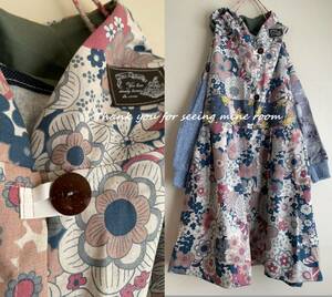 G-6　北欧風花柄＆袖アラン編みニット＆袖シャツコールのパーカーコート handmade