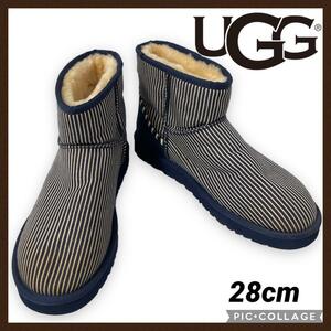 Ugg アグ ショート丈 ムートンブーツ ボア 28cm レアカラー メンズ 青 ネイビー 紺 ストライプ 送料無料 アグー シューズ 靴 ブーツ 暖かい