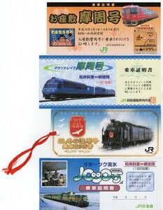 ＪＲ北海道　摩周号＆ＳＬ＆ノロッコ号ほか　記念乗車証明書４枚セット