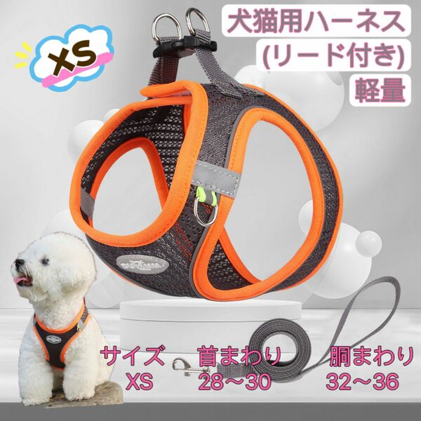 ハーネス 犬 おしゃれ 小型犬 脱げない 軽い ハーネス＆リードセット メッシュ 猫 春 秋 冬 ブラックオレンジ XSサイズ