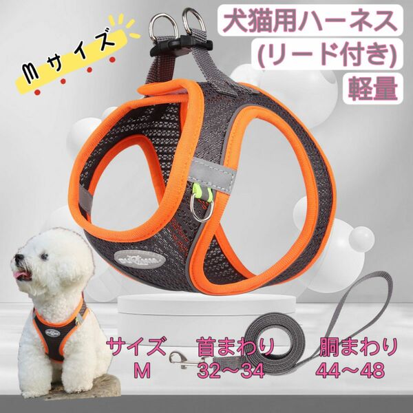 ハーネス 犬 おしゃれ 小型犬 脱げない 軽い ハーネス＆リードセット メッシュ 猫 春 秋 冬 ブラックオレンジＭサイズ