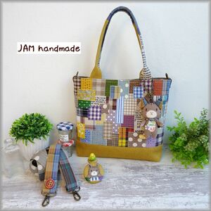 JAM ハンドメイド 猫さんがお供のお揃いセット トートバッグ ショルダー ぬいぐるみ ブローチ バッグチャーム きりっぱなし パッチ 手刺繍