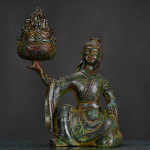 『戦漢・青銅器彫・人熏香炉』極細工 置物 古賞物 中国古玩 中国古美術