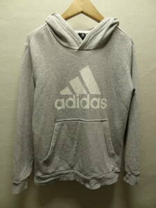 全国送料無料 アディダス adidas 子供服キッズ男＆女の子 白色BIGロゴプリント 杢グレー色スウェットプルパーカー 140