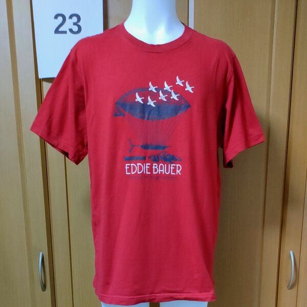 エディーバウアー半袖TシャツL レッド エアシップ/飛行船と鳥たち EDDIE BAUERプリント状態も良好 OUTDOOR