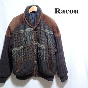 ☆レザー仕様でおしゃれです　☆Racou　☆皮革使用　☆ケーブル編み　☆ショールカラー　☆ニットジャケット　☆アウター　☆ブラウン　☆M