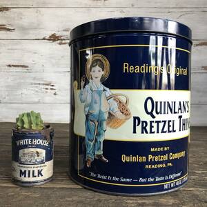 即決 Quinlan's Pretzel ビンテージ プレッツェル缶 48oz キッチン雑貨 収納 ディスプレイ アドバタイジング ファーマー お菓子