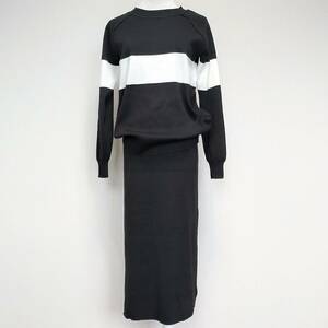 即決 美品 セットアップ ブラック×ホワイト 黒白 サイズＳ～Ｌ フリーサイズ ニット スーツ ロングスカート(検 ユニクロ 