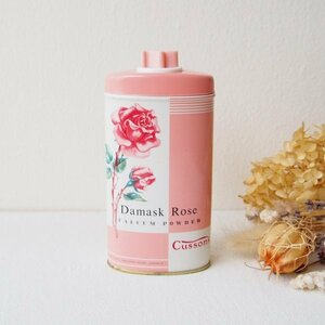 イギリス　ダマスクローズ　ピンクのタルクパウダー缶　ティンボトル　ヴィンテージ　アンティーク　インテリア　雑貨