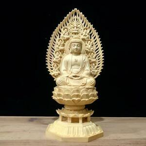 仏像　木彫　阿弥陀仏座像　木彫仏像 彫刻工芸品 家庭用仏壇供養 檜木 高約28cm 