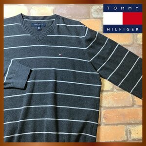 ME8-555★USA直輸入◎正規品★【TOMMY HILFIGER トミー】ボーダー柄 刺繍ロゴ Vネックセーター【メンズ L】グレー 灰 コットンニット