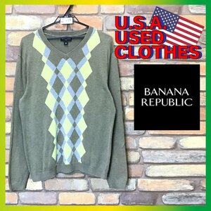 ME6-916★アメリカ古着★【BANANA REPUBLIC バナリパ】ダイヤ柄 Vネック コットンセーター【メンズ M】緑 グリーン ニット 薄手