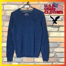 ME7-923★稀少サイズ★正規品&USA購入★【AMERICAN EAGLE アメリカンイーグル】Vネック コットンセーター【メンズ XS】紺 ニット 薄手_画像1