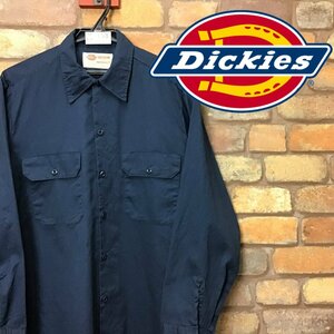 ME9-153★USA買付品★正規★【Dickies ディッキーズ】ポリコットン 長袖 オリジナル ワークシャツ【メンズ M】ネイビー バイク 古着 無地