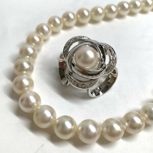 f001 Y4 10. 真珠 ダイヤモンド付きブローチ/パールネックレス シルバー silver刻印 アクセサリー