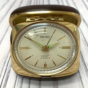 s001 A3.3 A.動作品 SEIKO セイコー トラベル時計 置時計 REPEAT 2JEWELS 旅行 携帯用 手巻き式 アラーム付 クロック ブラウン 中古