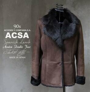 90s Spain made ACCENSI ACSA burnt tea dark brown fur fur collar liner double faced mouton leather jacket coat 40 M