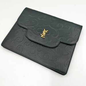 1円 【極美品】 YVES SAINT LAURENT イヴサンローラン クラッチバッグ セカンドバッグ YSLロゴ金具 唐草模様 レザー 黒 ブラック