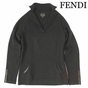 d46 良品 FENDI フェンデイ 襟付き ニット トップス 長袖 セーター リブ ダークブラウン 40 イタリア製 ウール100% 毛 プルオーバー 正規品