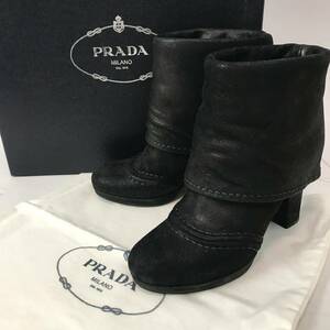 d37 良品 PRADA プラダ レザー ショートブーツ 34.5 イタリア製 本革 ブラック 黒 レザーブーツ 正規品