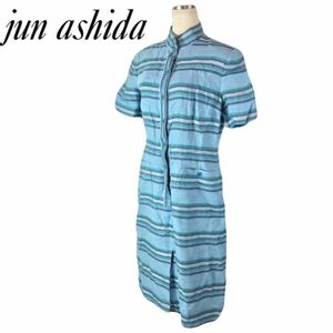 d241 JUN ASHIDA TOKYO PARIS ジュンアシダ リネン 半袖ワンピース ブルー シャツワンピース ボーダー 麻100% レディース 正規品 日本製 11