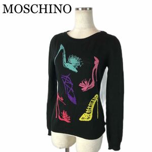 d148 BOUTIQUE MOSCHINO ブティック モスキーノ ニット トップス 長袖 セーター 黒 BLACK パンプス シューズ デザイン ウール 100% 正規品