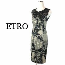 d106 上品 人気 ETRO エトロ ノースリーブ ワンピース ひざ丈 ドレス ペイズリー柄 ハンガー付き 刺繍 イタリア製 40 正規品 グレー BLACK_画像1